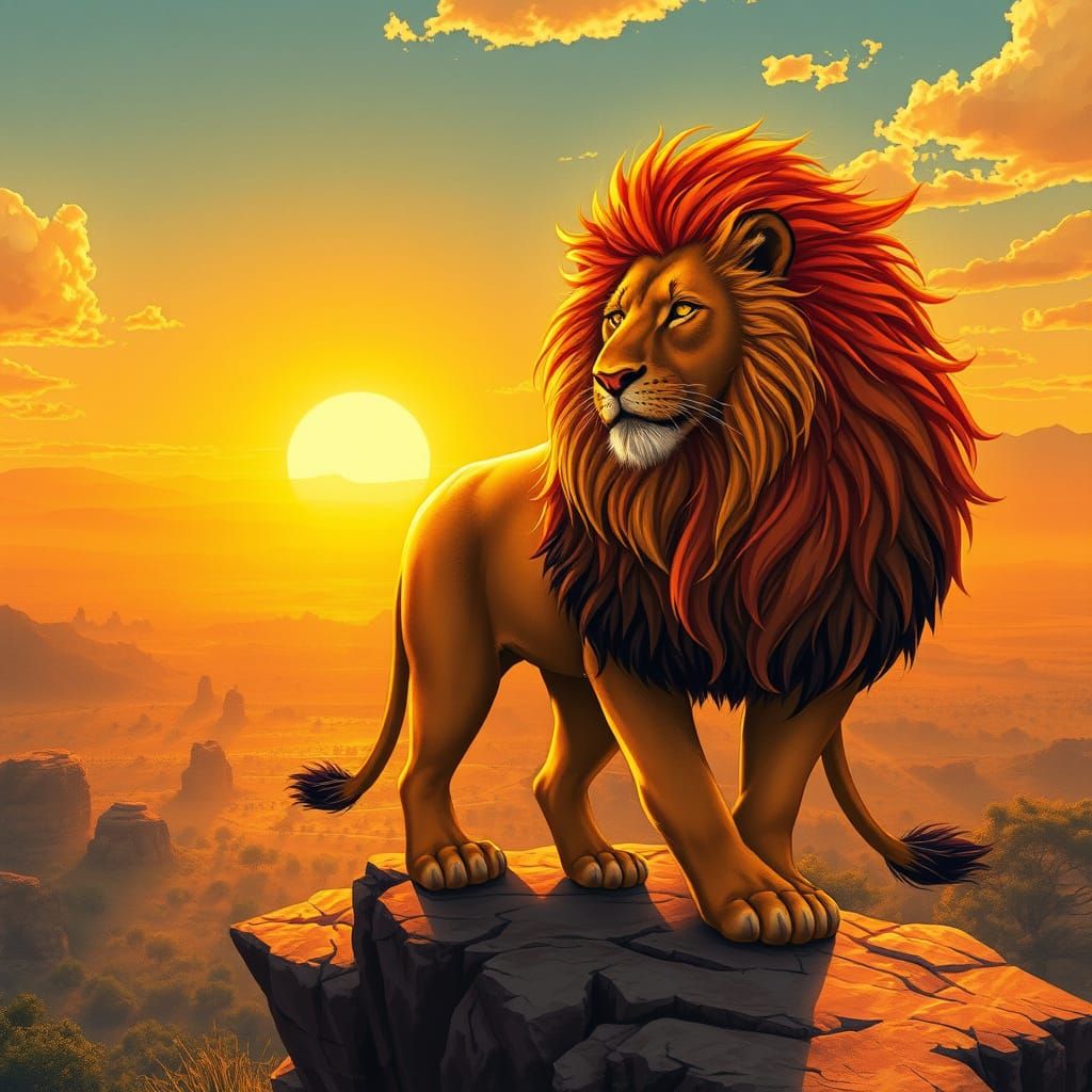 Majestic Lion in Art Nouveau Style Overlooking Savanna