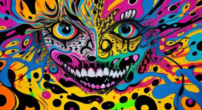 Joyful Clown Face Splatters Paint in Vibrant Abstract Style