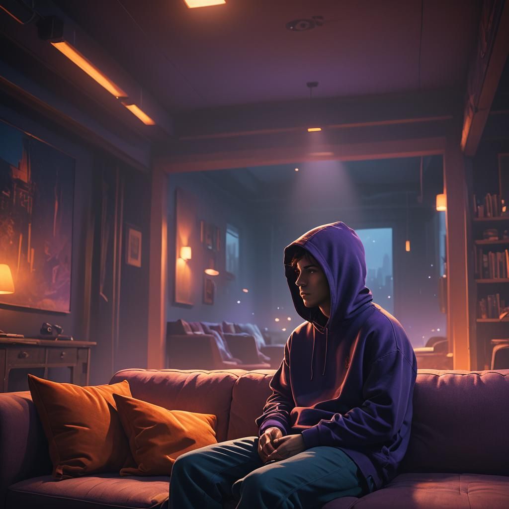 Hooded Figure in Dimly Lit Room: Cinematic Concept Art