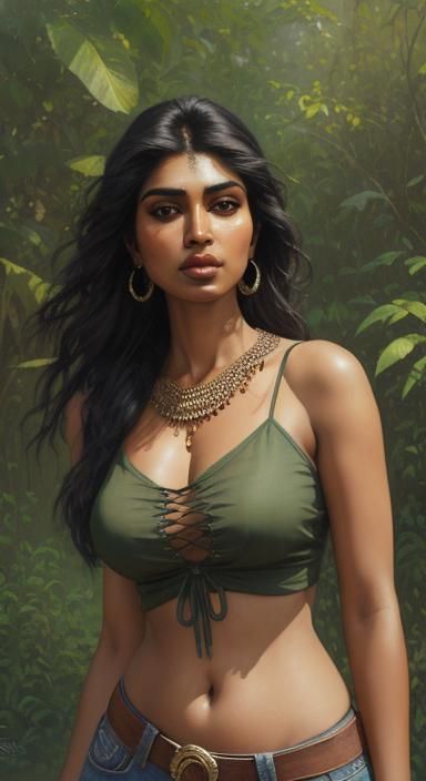 A beautiful big bust natural Indian girl in the deep crop v neck mesh  blouse, spaghetti strap, unhooked, sleeveless, in a awesome weather, l -  AI Generated Artwork - NightCafe Creator