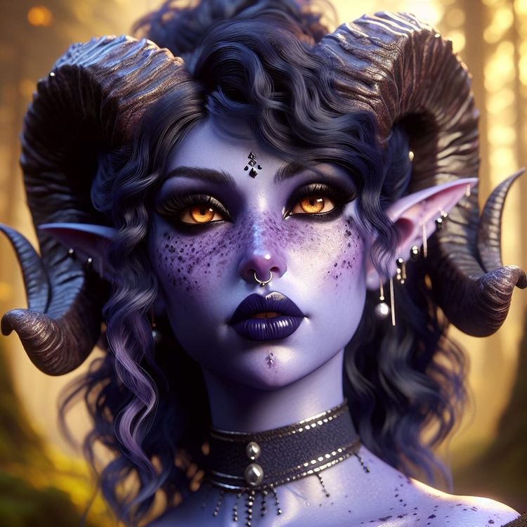 A female Tiefling character with a deep lavender complexion and light