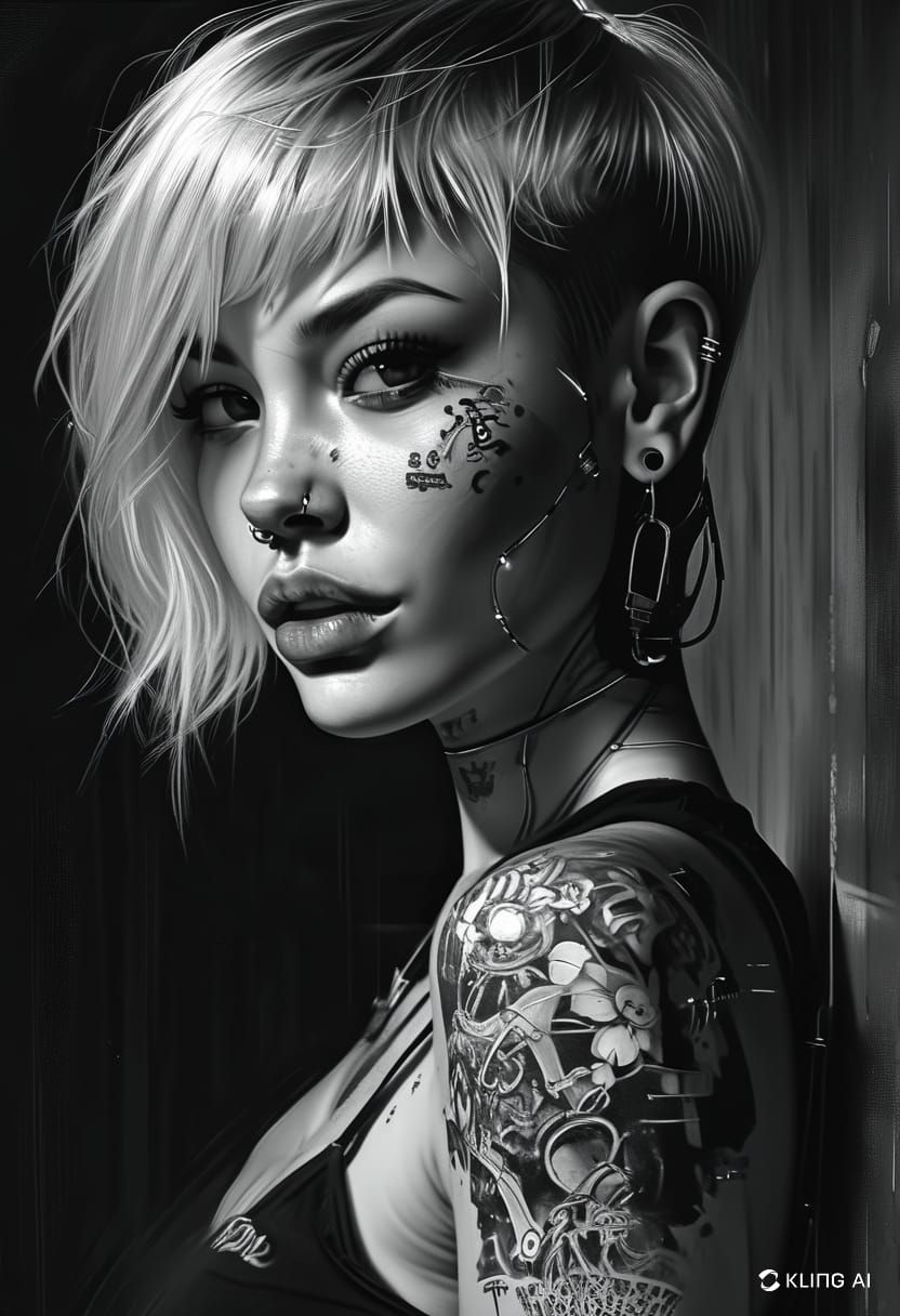 A black and white photo of a woman with tattoos, detailed fantasy digital art, artistic render, portrait, tony sart and an anime artist, awa...