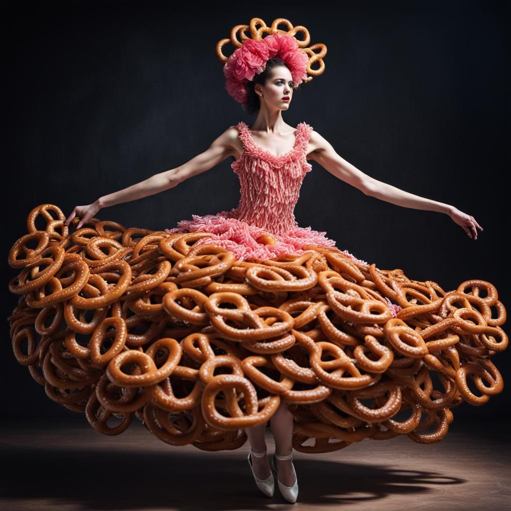 A flamboyant woman wearing a wide frilly dress made of pretz...