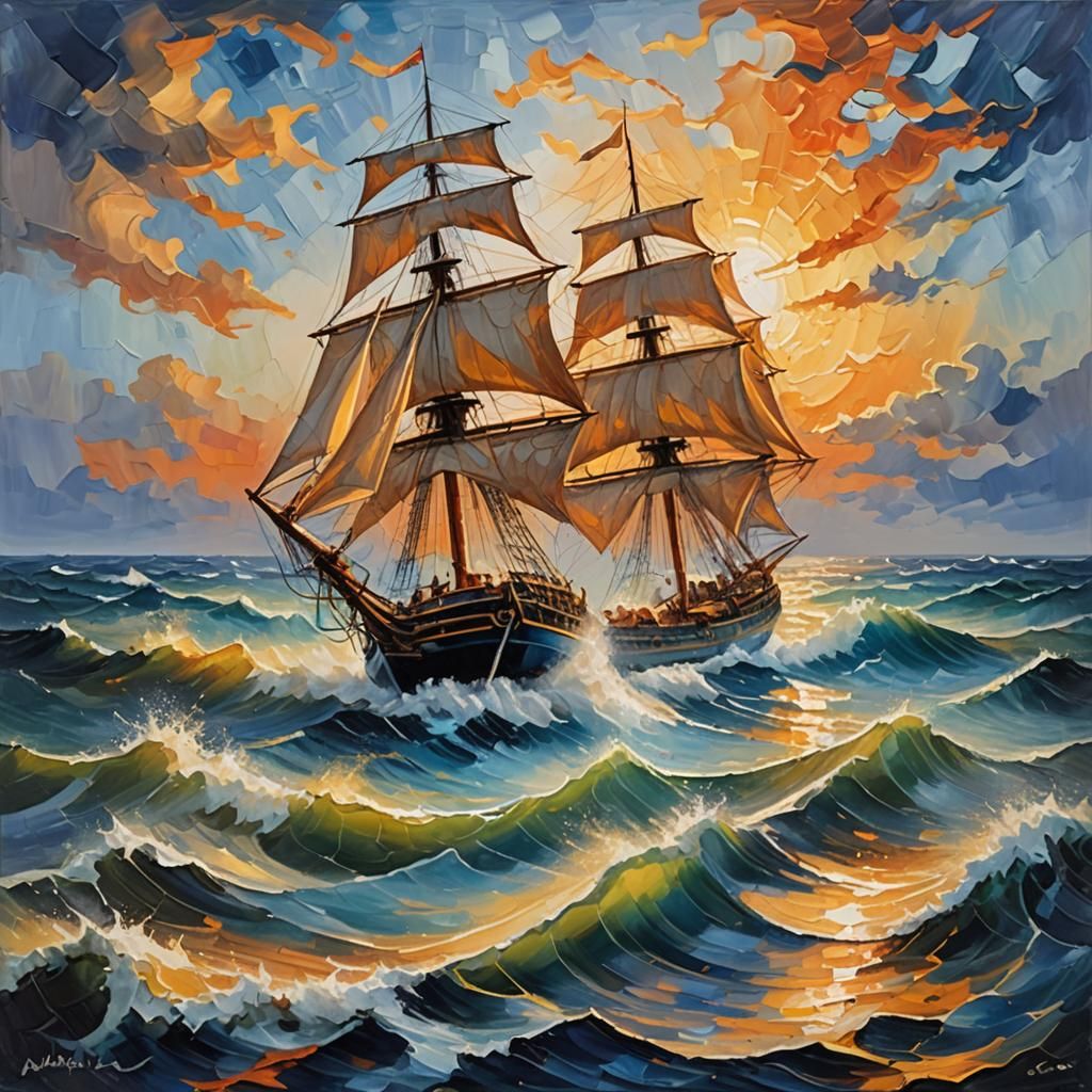 Turbulent Seas: Sailing Ship in Neo-Impressionist Style