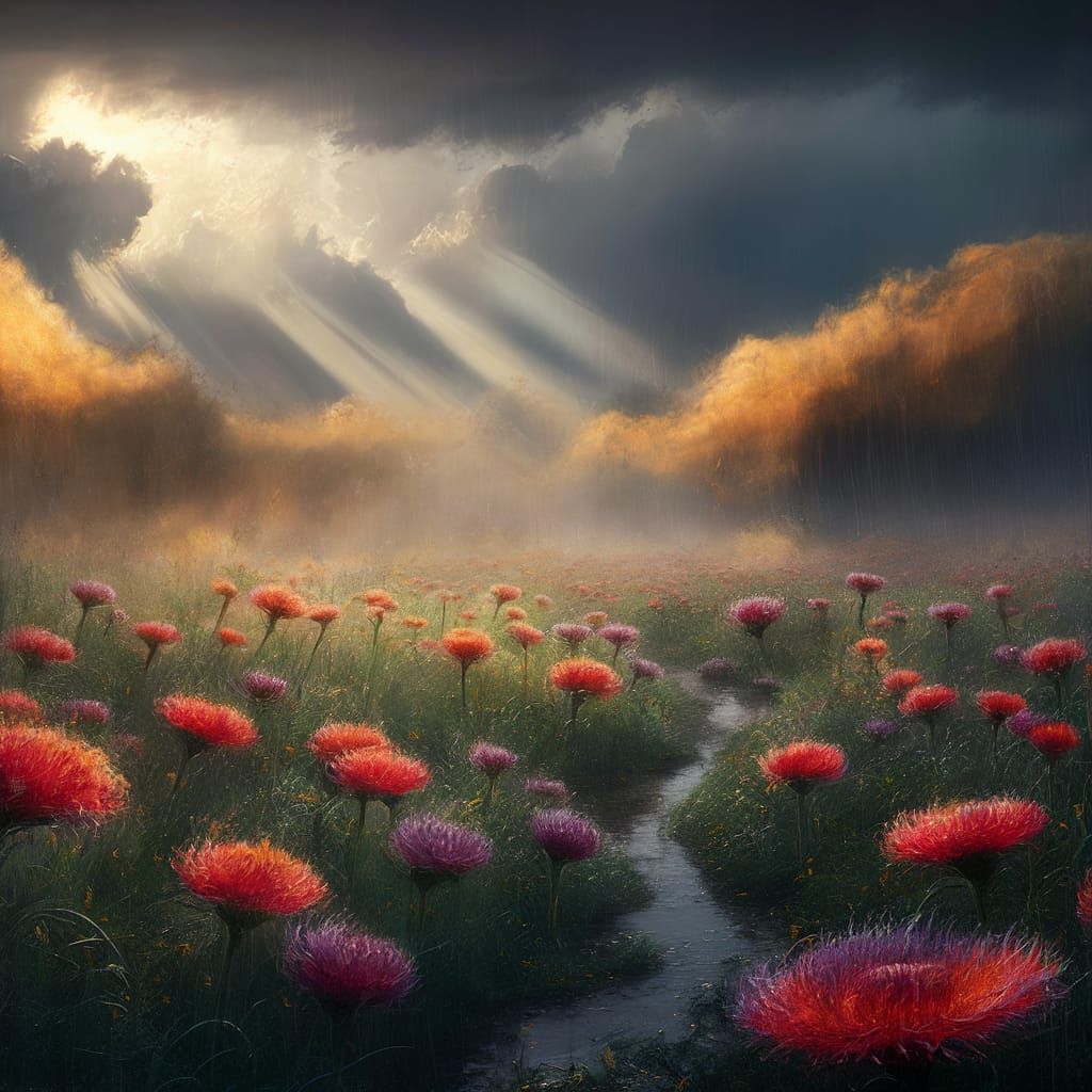 rainy day, the rays of the sun break through the clouds, in ...