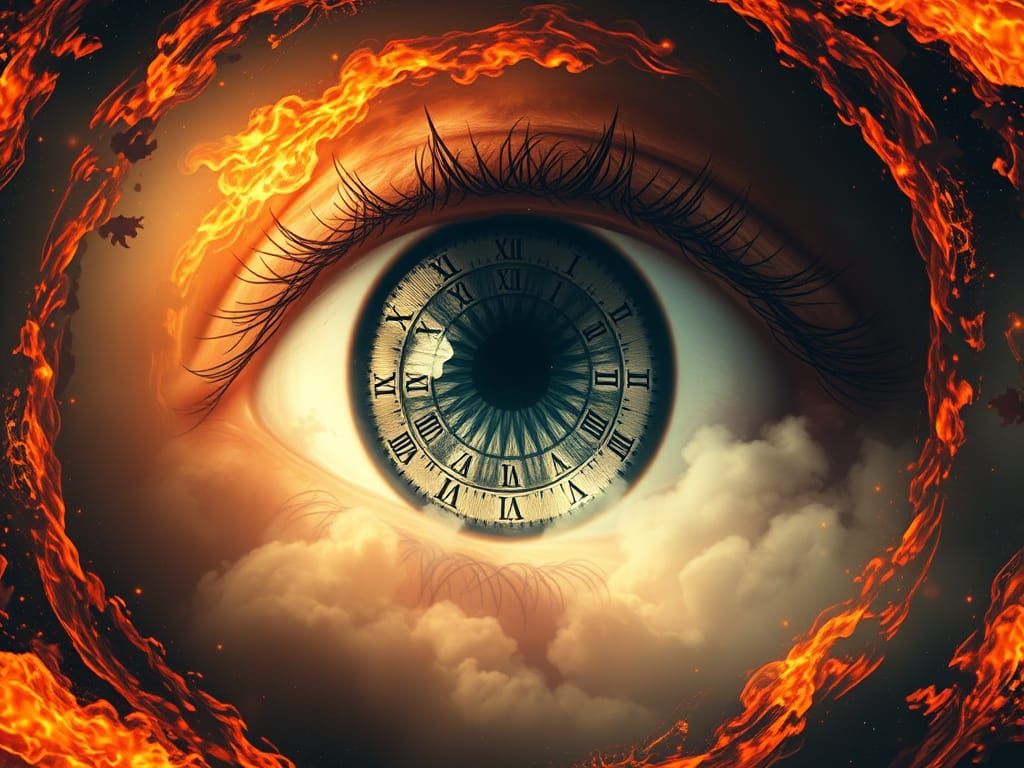 a large eye with old clock dials in the middle, inside a vortex of enclothed by smoke and mist. Surrounded by a circular vortex of fire, in ...