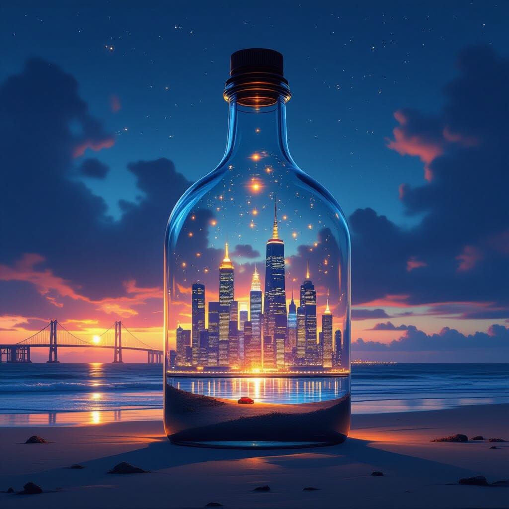 City Inside a Bottle on a Beach at Night