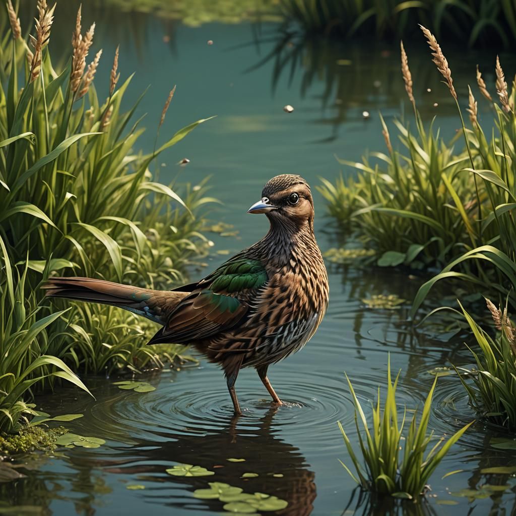 A small brown and dark green Bird with gloxxy feathers, a cu...