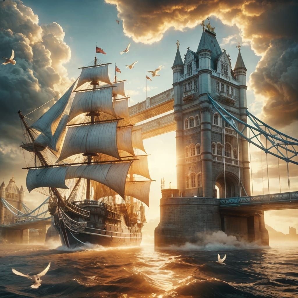 Galleon Enters Tower Bridge At Sunset