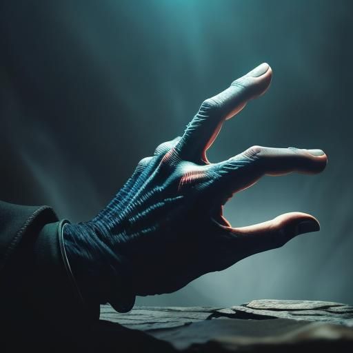 hand of a creature, three very long fingers, swollen joints,...