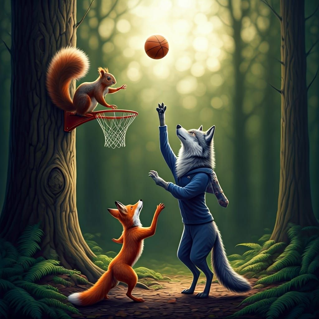 Full-length illustration.  wolf, fox and hare playing basketball in the forest. Squirrel sits on a basketball ...  by @Elena