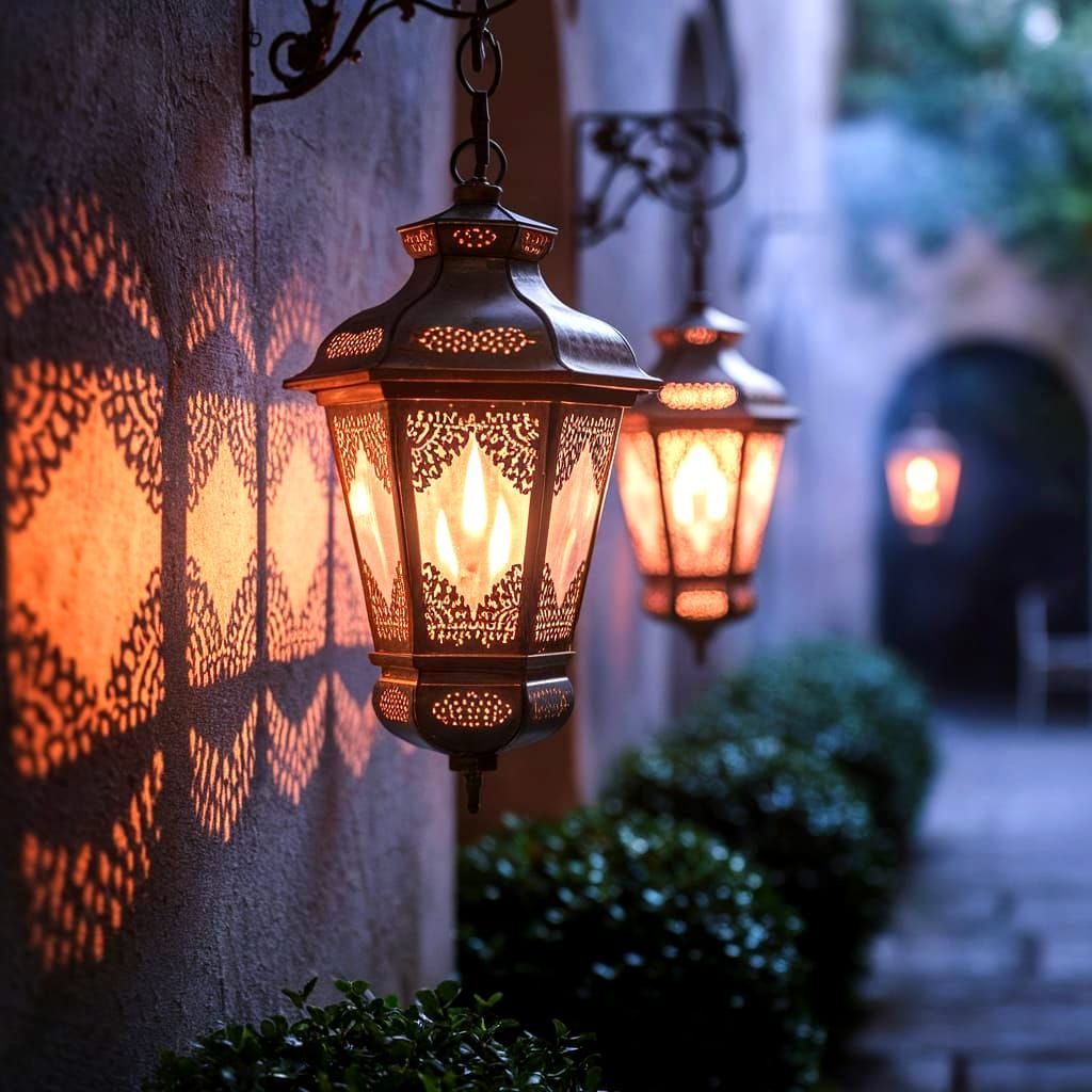 In the moonlit courtyard, ornate metal lanterns dance with flickering flames, casting intricate lace-like ...  by @Suz