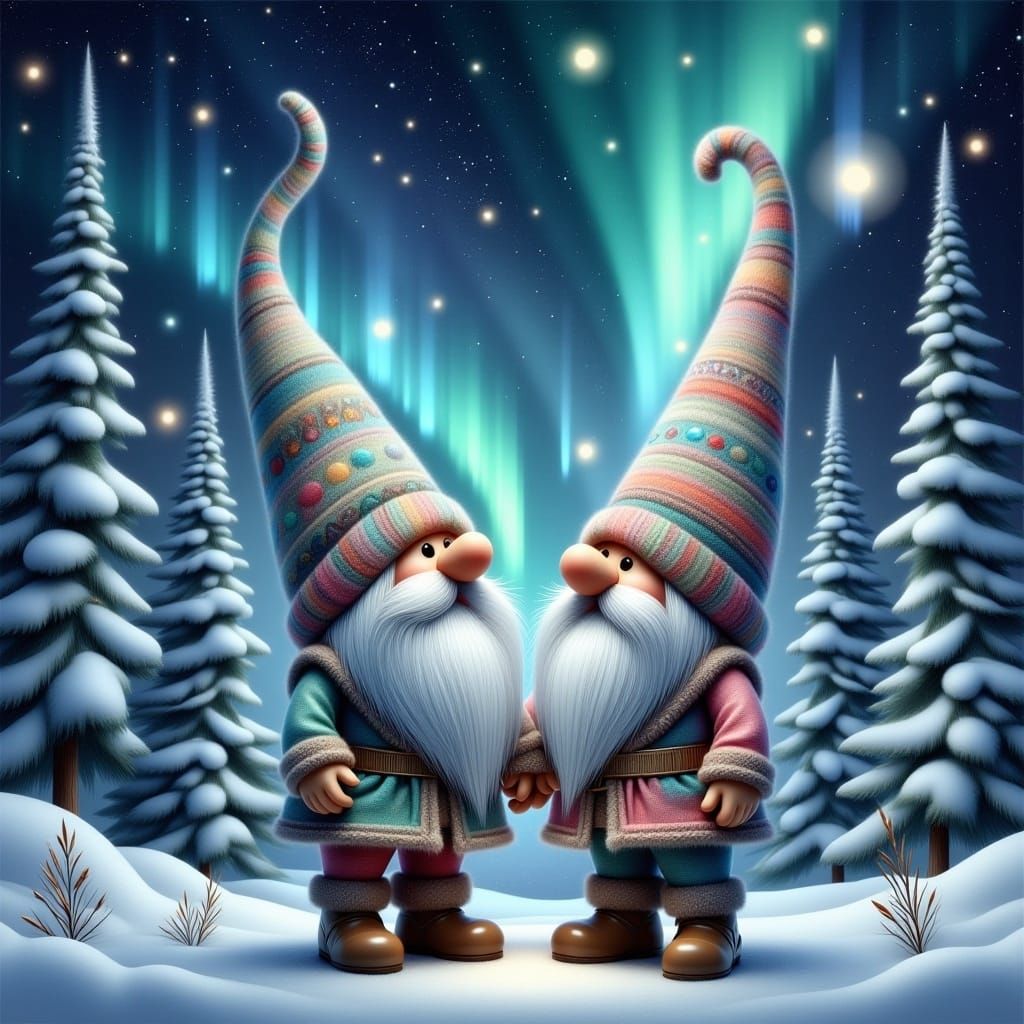 <lora:Scandic Gnomes:1.0><lora: nordic gnome couple watching nothern polarlights at the impressive nightsky 
 whimsical photorealistic hyper...