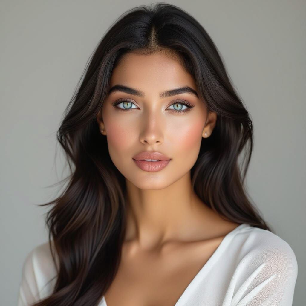 a hyper-realistic portrait of a beautiful and confident female digital influencer. She should have Indian features with a fair complexion, l...