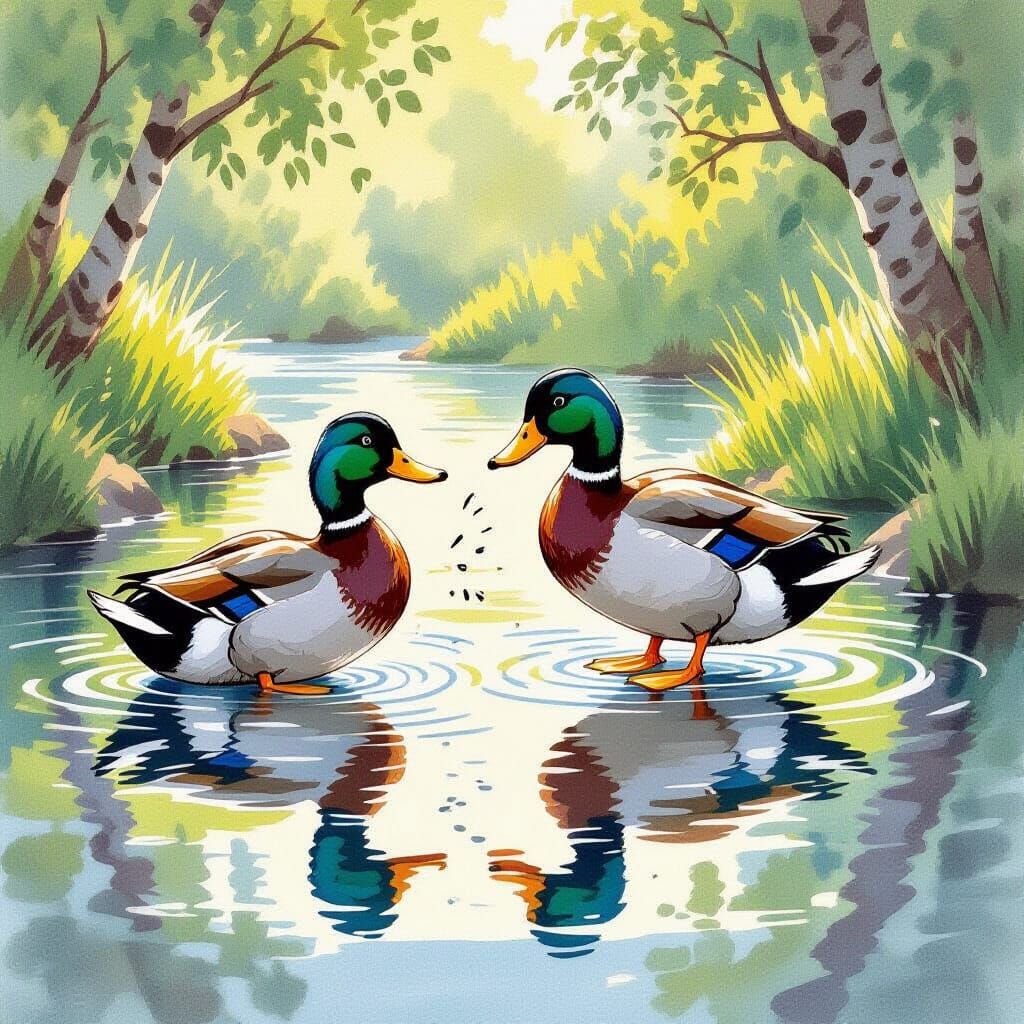 Aggressive Duck Fights Reflection in Watercolor Style