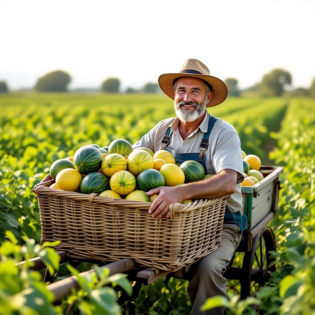 Watermelon Seller Pushing Cart Full Of Large Melons
