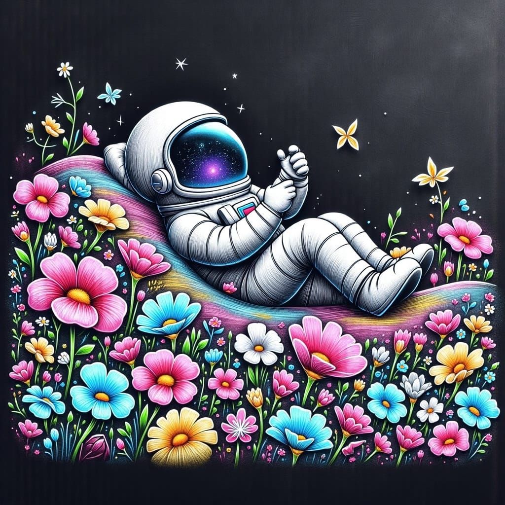 <lora:Chalkify:1.0> An astronaut lying in a garden of flowers. The universe is reflected in the visor. Chalk on black paper, powder effect