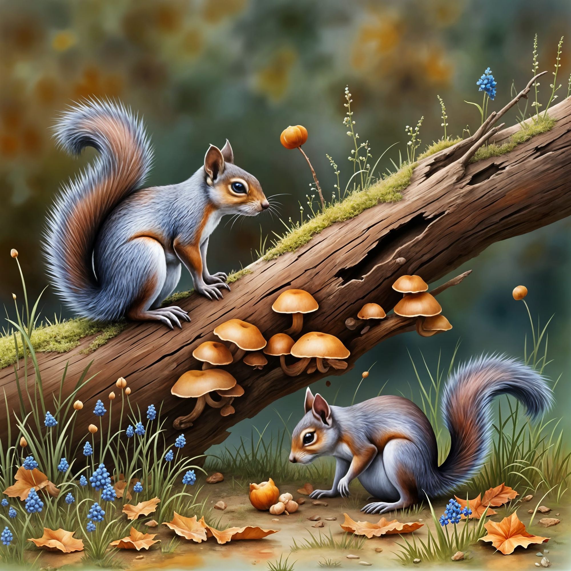Two Gray squirrels are on the ground foraging for acorns and mushrooms.   