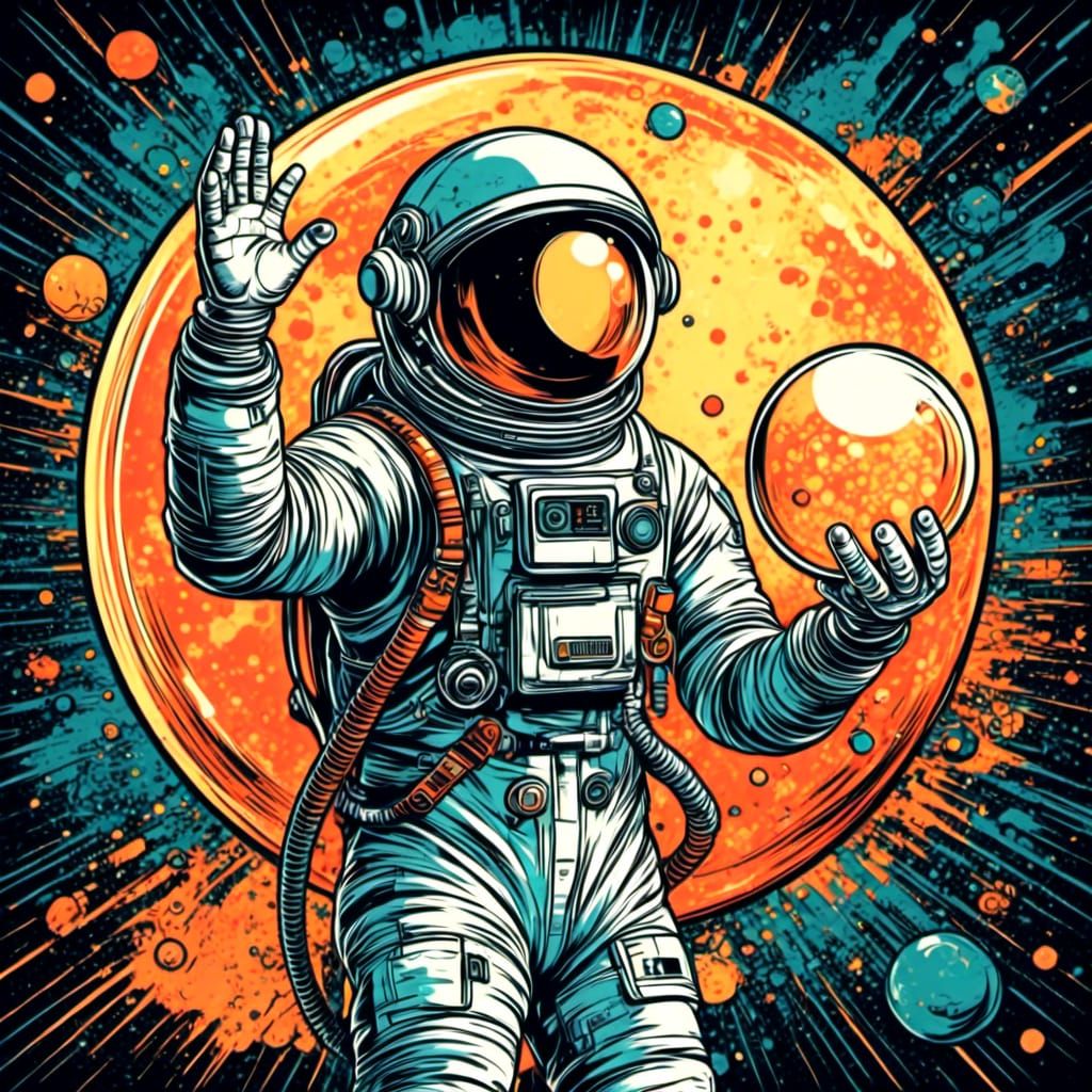 <lora:Blotched Ink:1.0> <lora:40s pop fusion:1.0> An astronaut holding a glowing orb