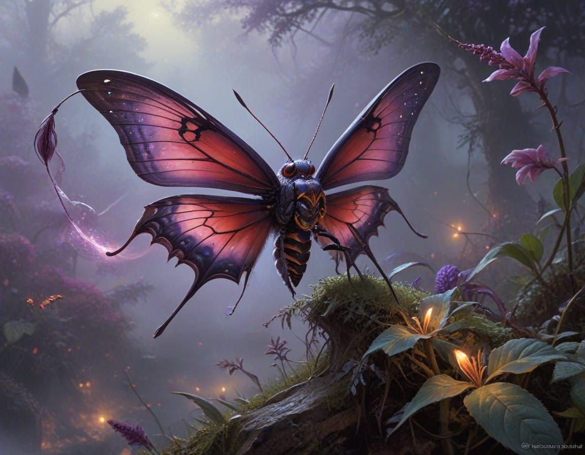 Giant Cosmic Moth with Scorpion Tail in Crimson Purple Hues