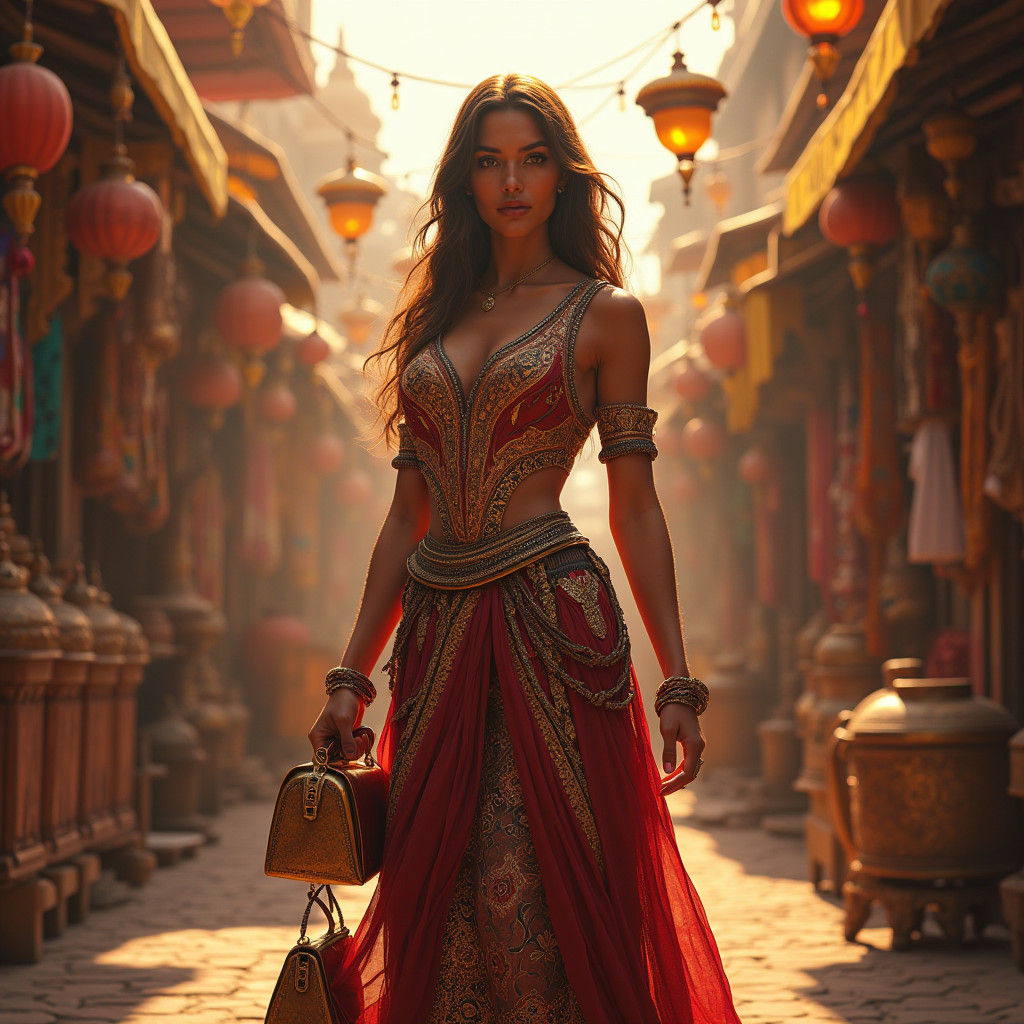 Woman in Vibrant Market: Digital Matte Painting