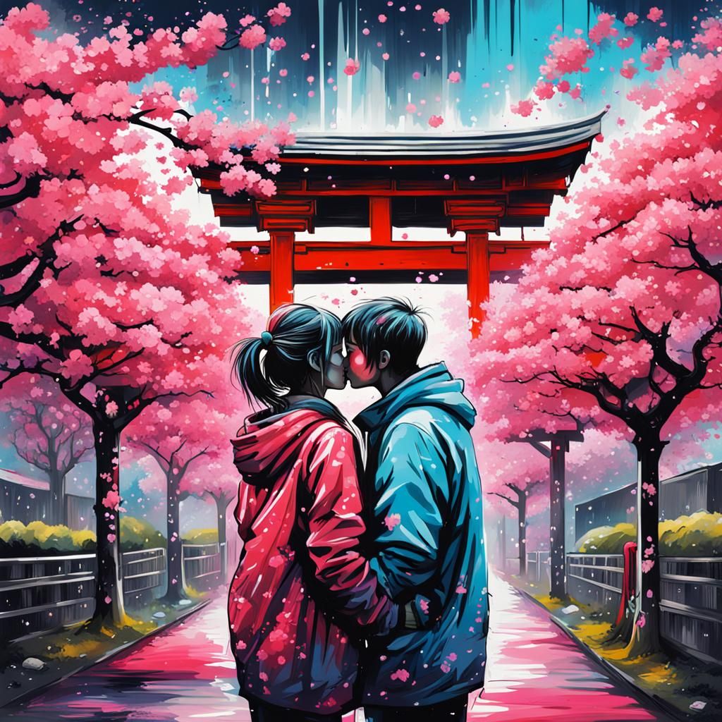fantastic japan, cherry blossom, kissing couple