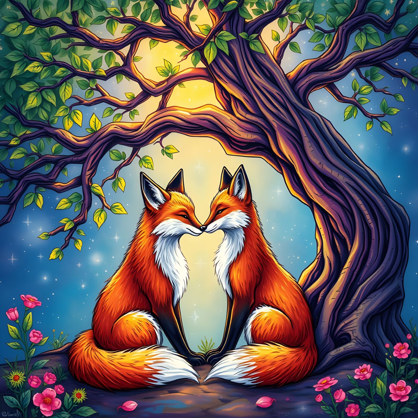 Whimsical Fox Lovers in a Vibrant Retro Wonderland
