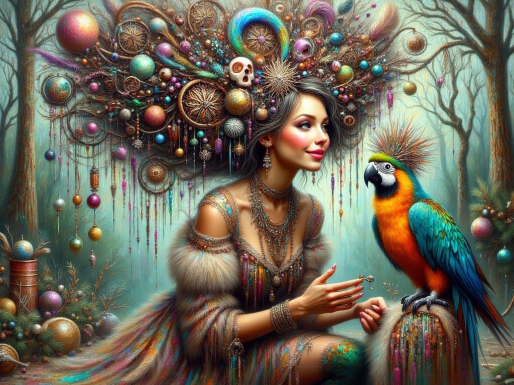 <lora:FiosXmasMagicWithMax:1.0> Boho Girl with Parrot friend