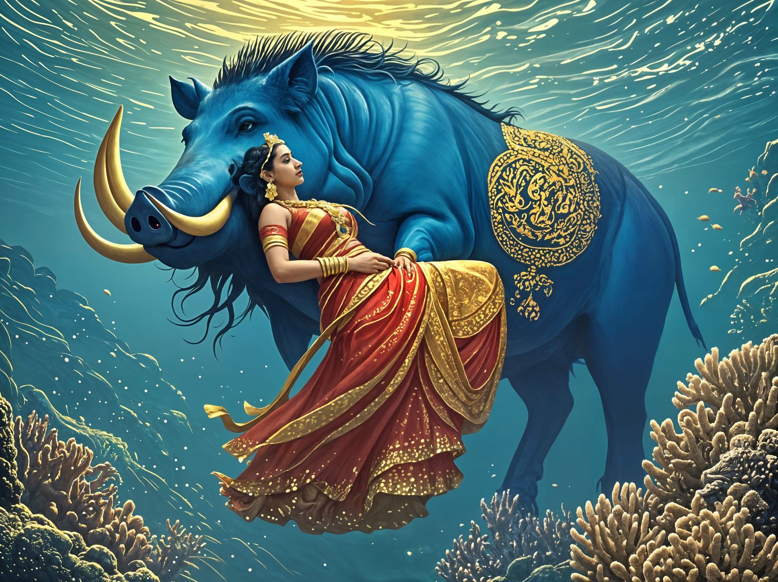 Varaha (Boar Avatar of Vishnu) rescues Earth Goddess Bhumi (...