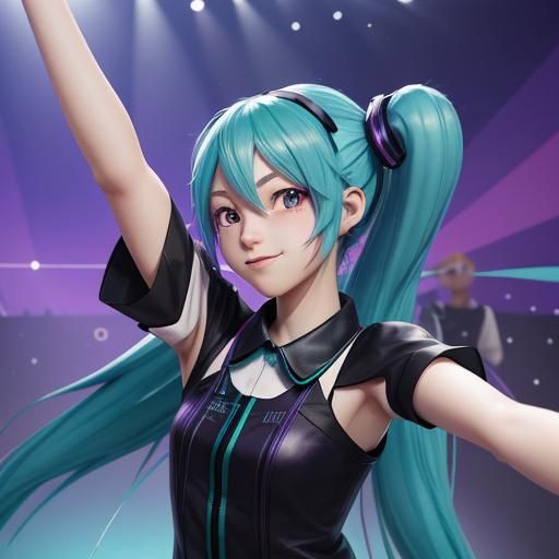 Hatsune Miku with dark purple hair taking a selfie on stage.