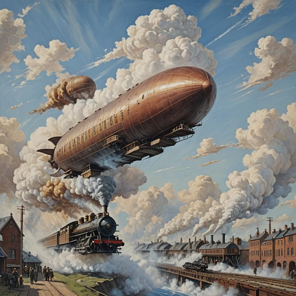 Painting depicting an airship flying over a steam train in a...