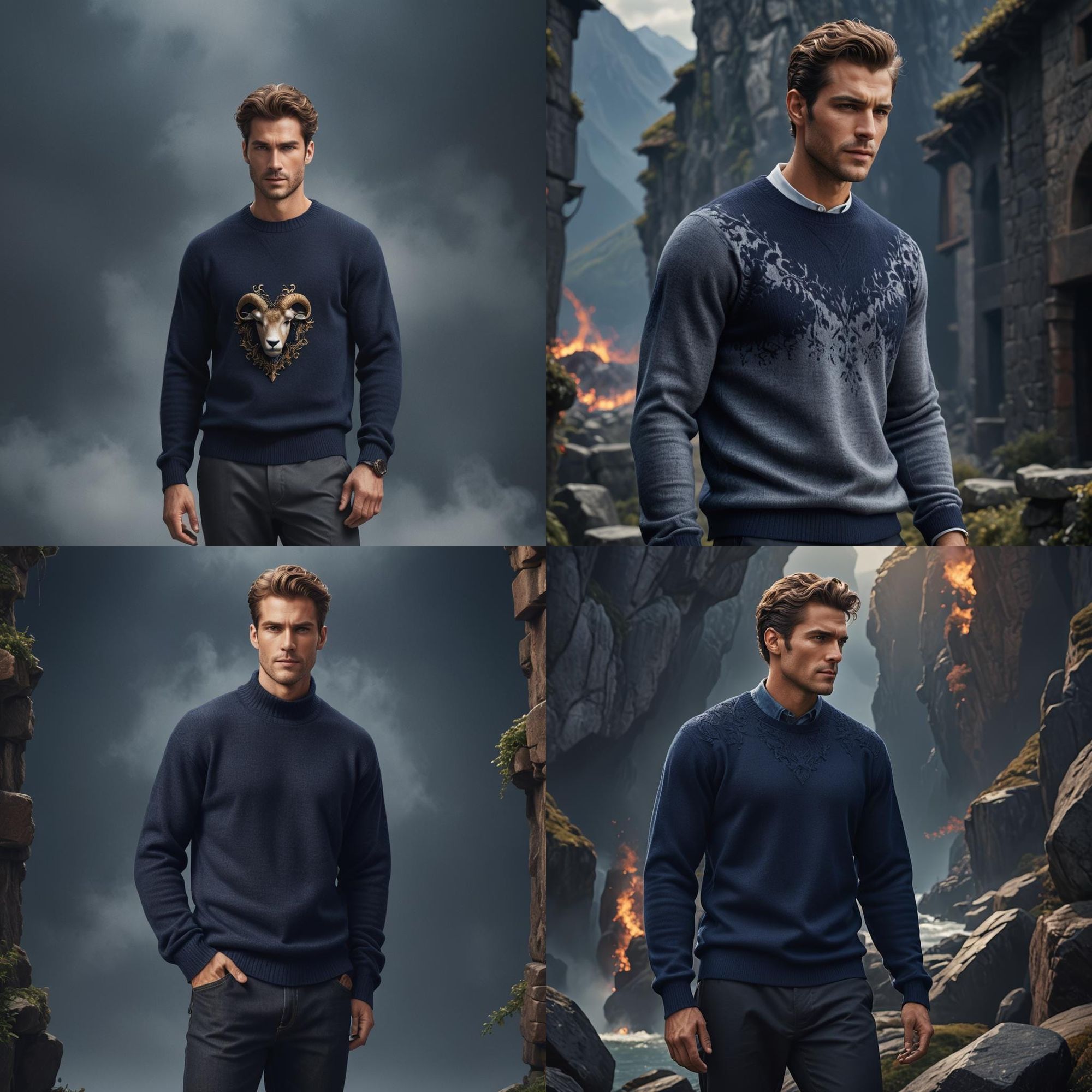 a models man wears a navy blue cashmere sweater. take insparation from the company soft goat. AI Generated Artwork NightCafe Creator