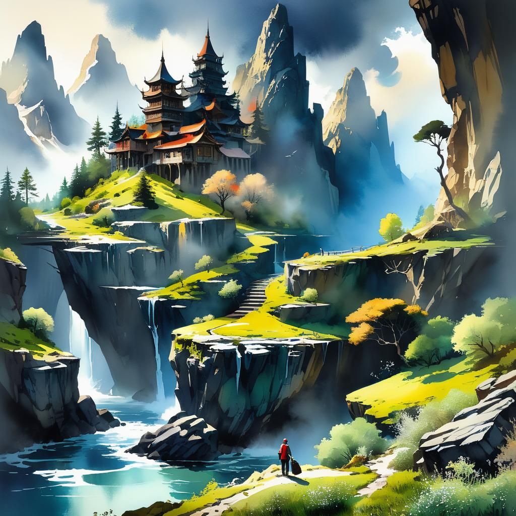 Epic Serene Landscape in Watercolor Art Style