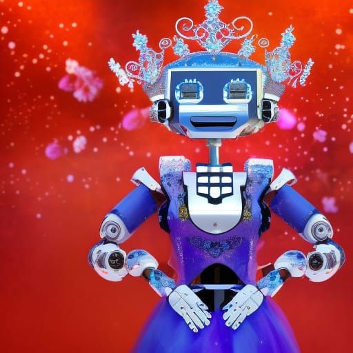 beauty queen robot winner at a robot pageant on stage holding metal ...