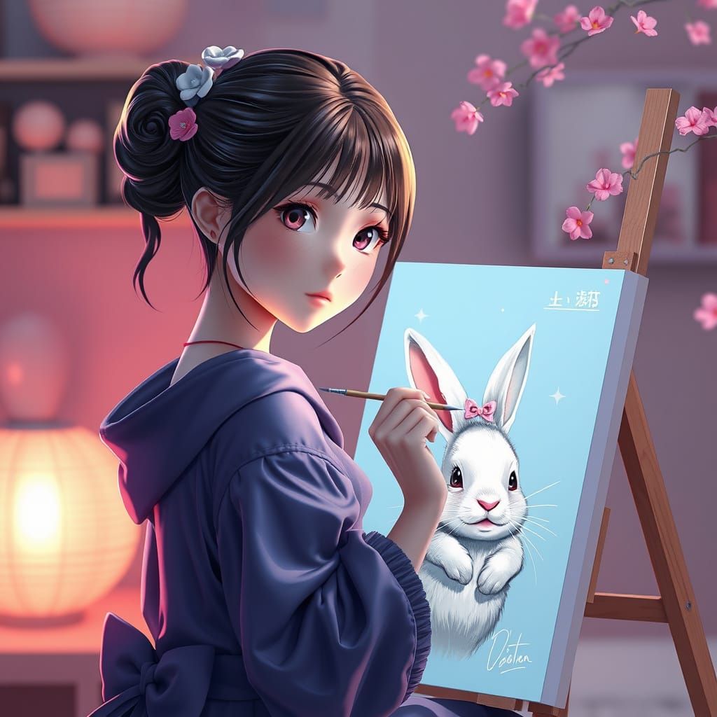 Korean Girl with Bunny in Anime Style