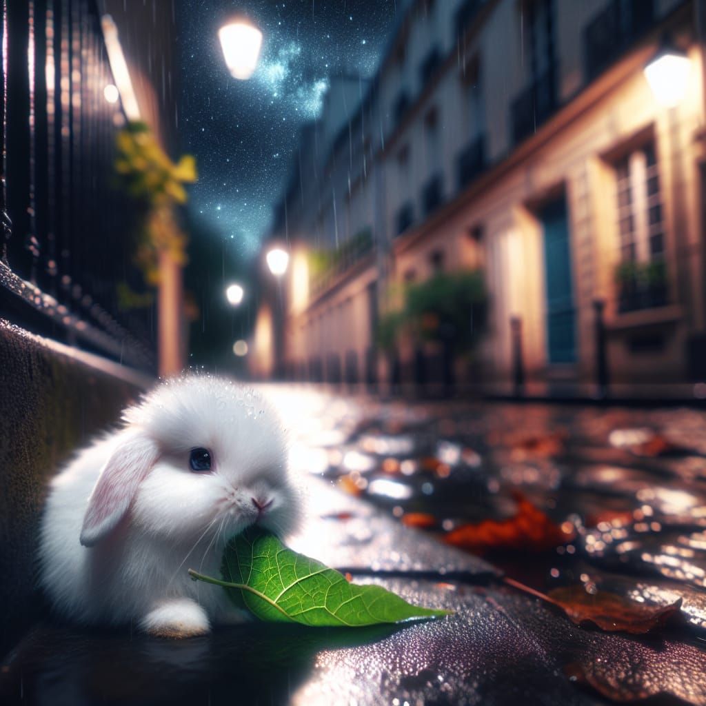 a cute adorable white fluffy bunny sad alone under a leaf in a street of paris under rainy starry skies night, natural lighting, light-focus...