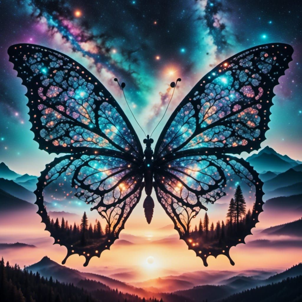 <lora:CosmicLightningDream:1.0> An extremely detailed silhouette of butterfly whose form is inlaid with scenes of biopunk jungle, <lora:Nigh...