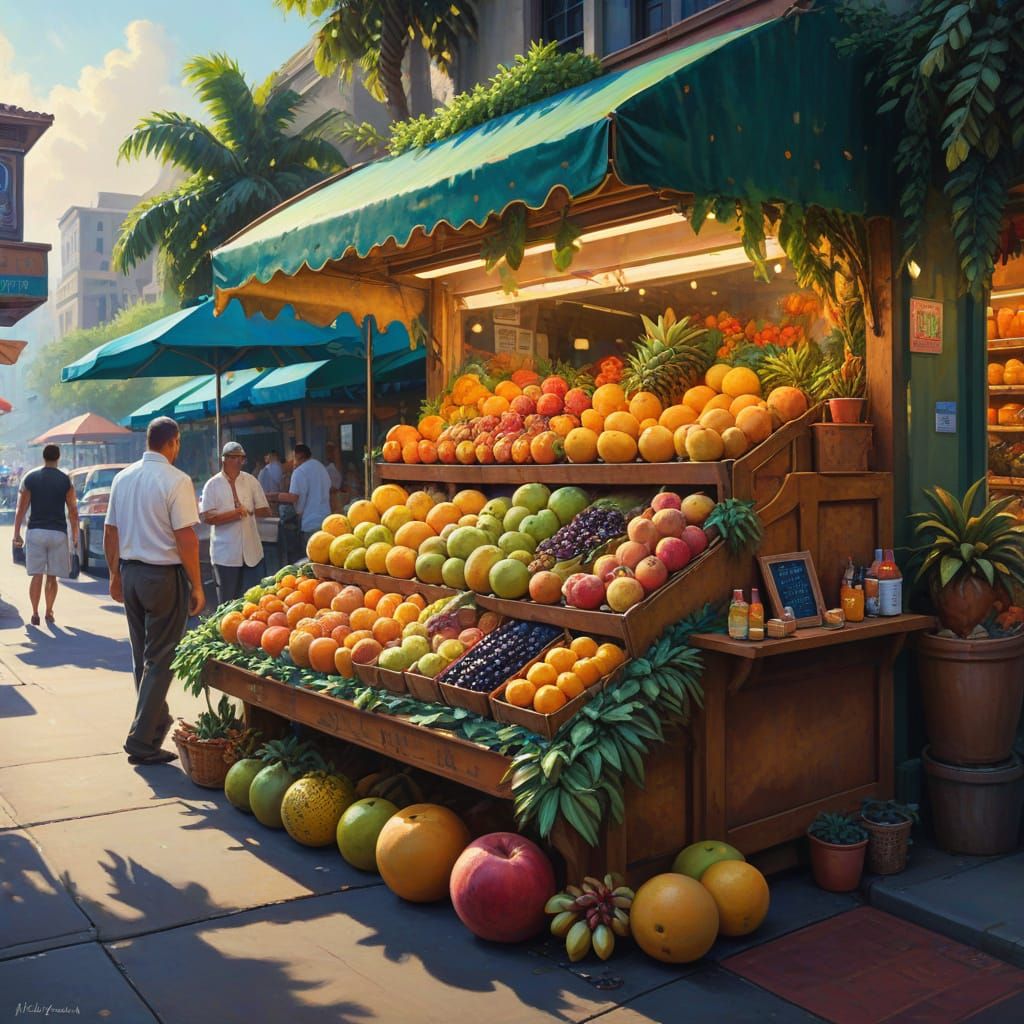 Exotic Fruit Stand Concept Art in Vibrant Oil Painting Style