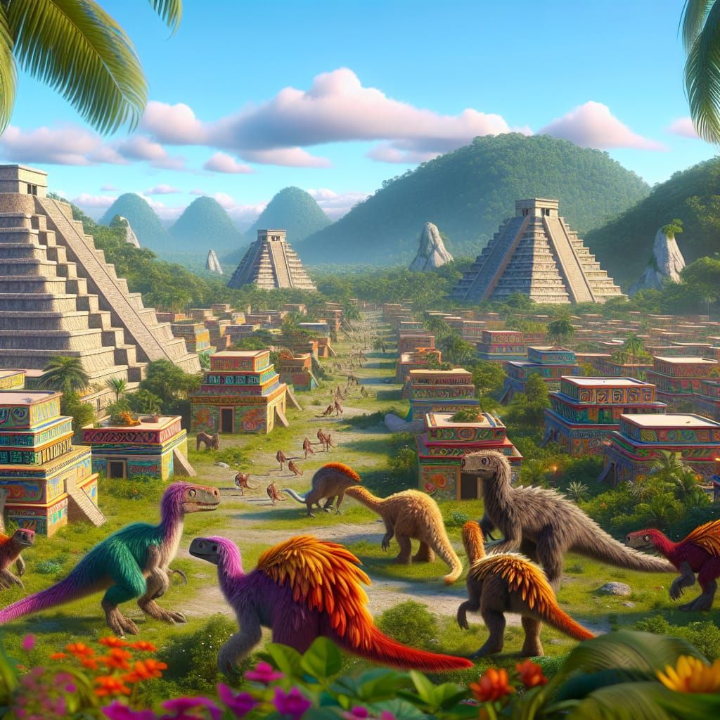 feathery dinosaurs in a vibrant pre-Columbian Mesoamerican A...