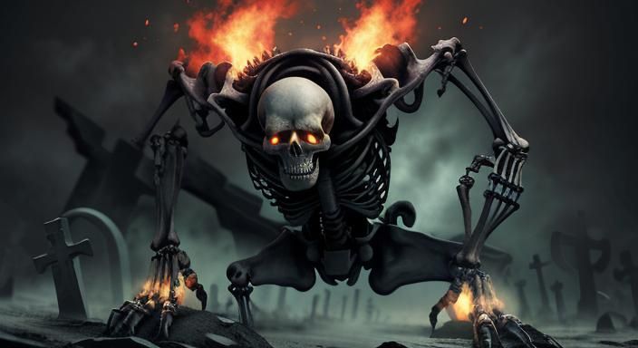 skeleton crawling out of  graveyard background depth with 10...