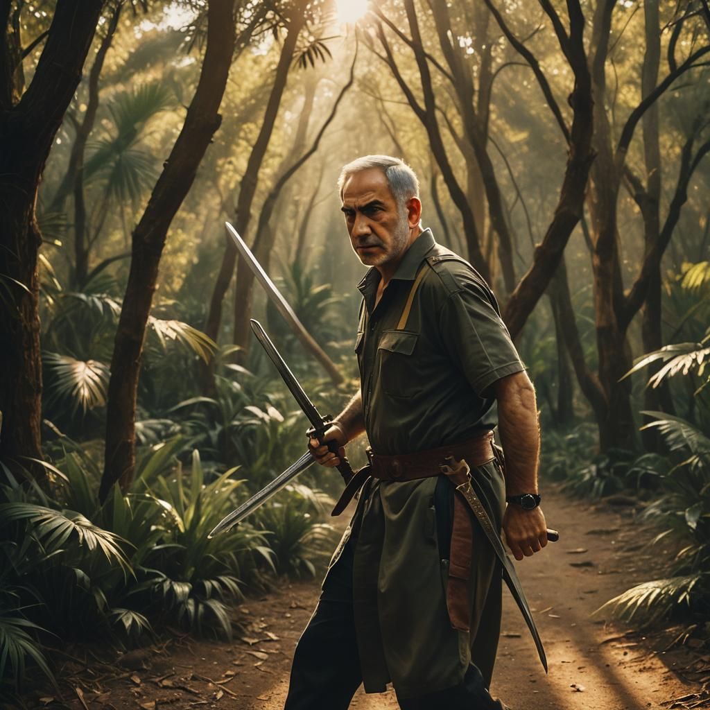 Cinematic Image: Netanyahu with Sword in Dramatic Scene