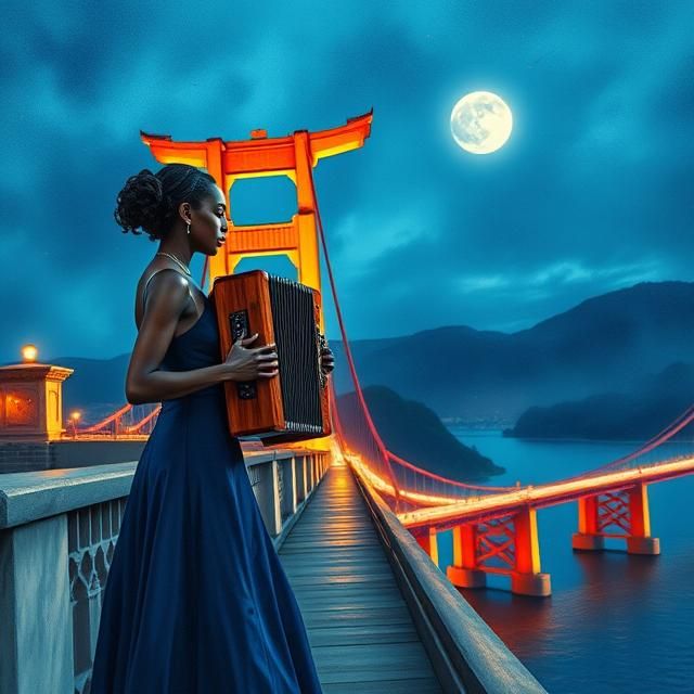 BLACK WOMAN WEARING A NAVY-BLUE EVENING DRESS PLAYING THE AC...