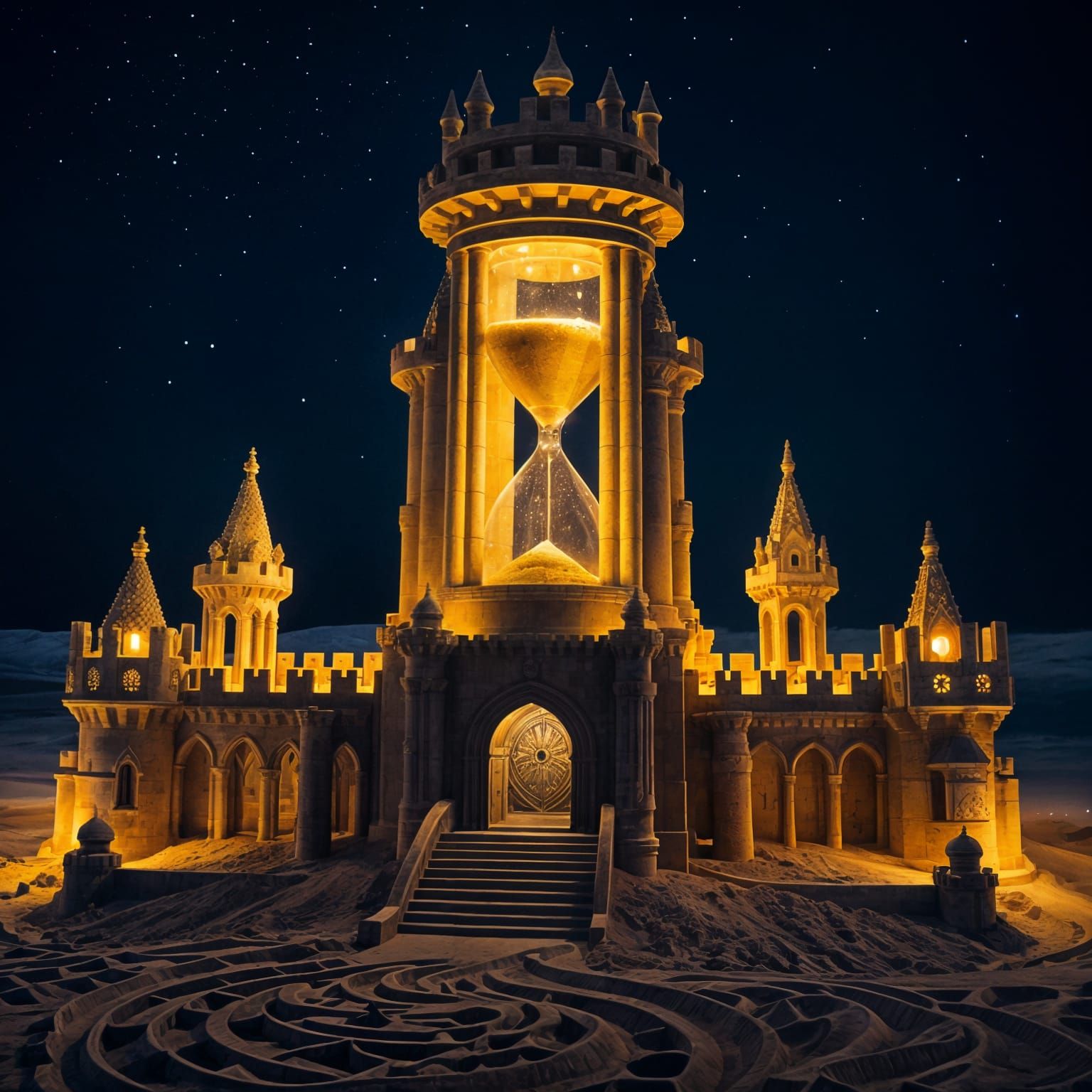 Elaborate Hourglass Sandcastle on Night Beach