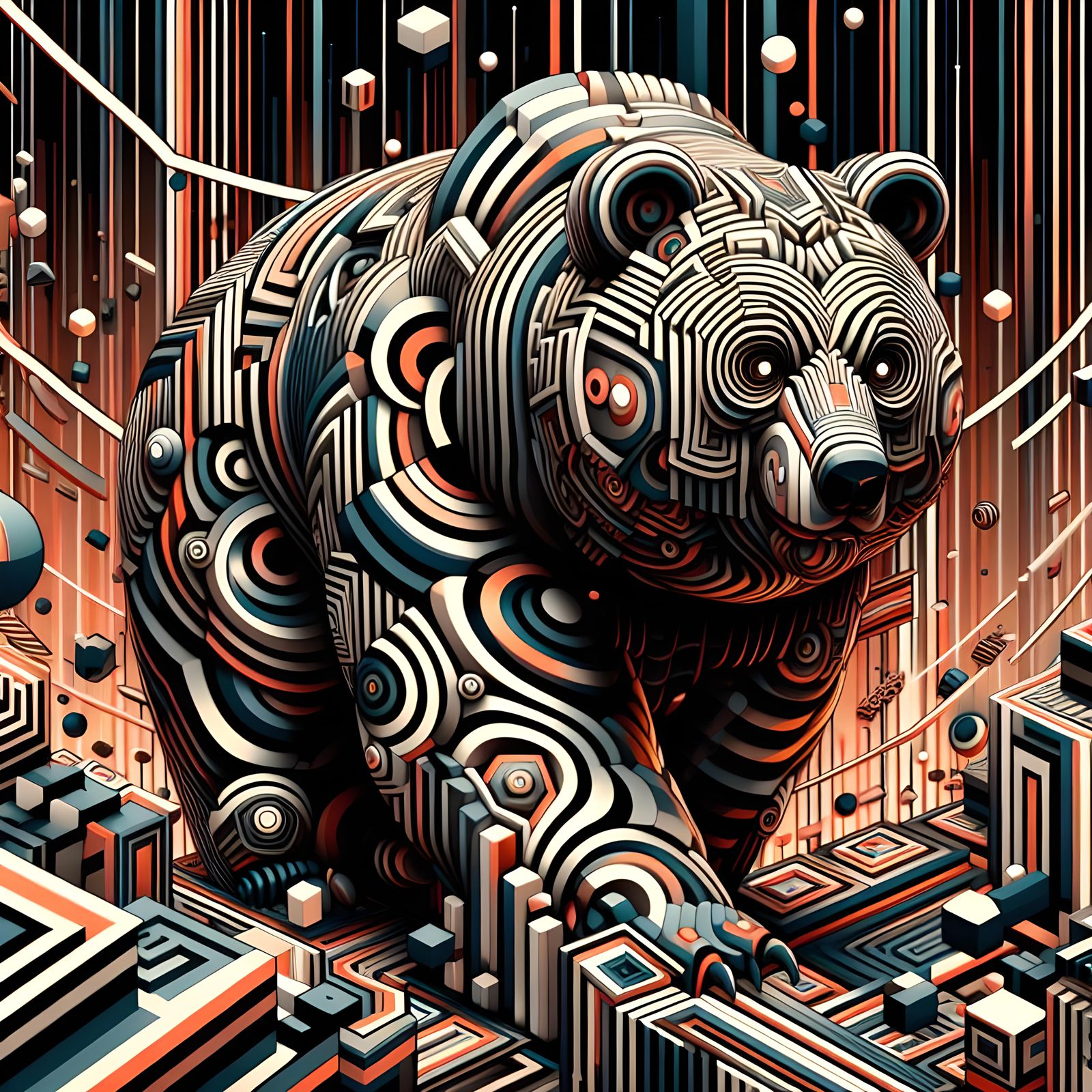 "Moving Rolling Patterned cubic Optical projecting Obese Bear illusion maximalism; "TRON vibes"";