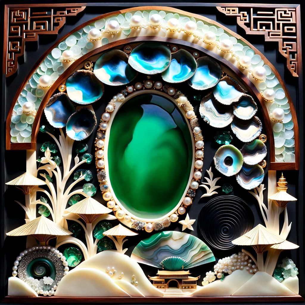 (Asian Style Panel made out of materials; abalone shell carv...