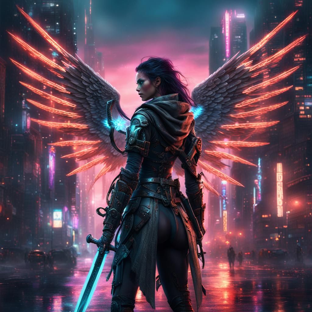 female angel. metal wings. cyberpunk. neon lights. city back...