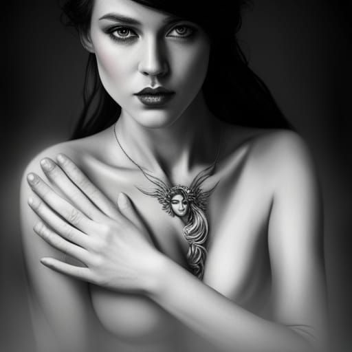 a young mermaid woman with a necklace on her chest, with a t...