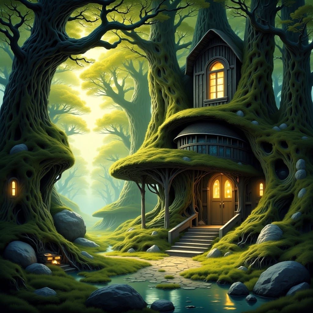 Fairy home in forest glade misty Mystic Woods <lora:Shari Dreams:1.0> 