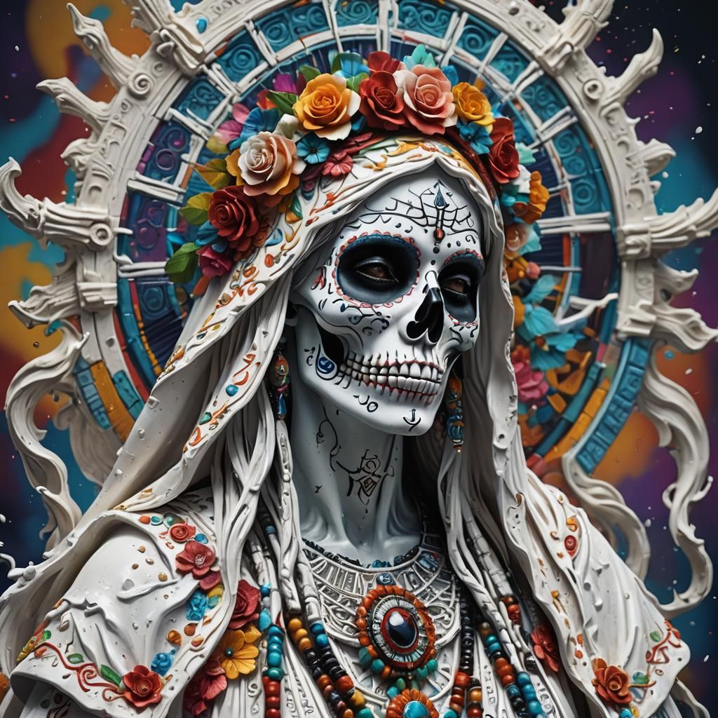 realistic white santa muerte Hyperrealistic, splash art, con...