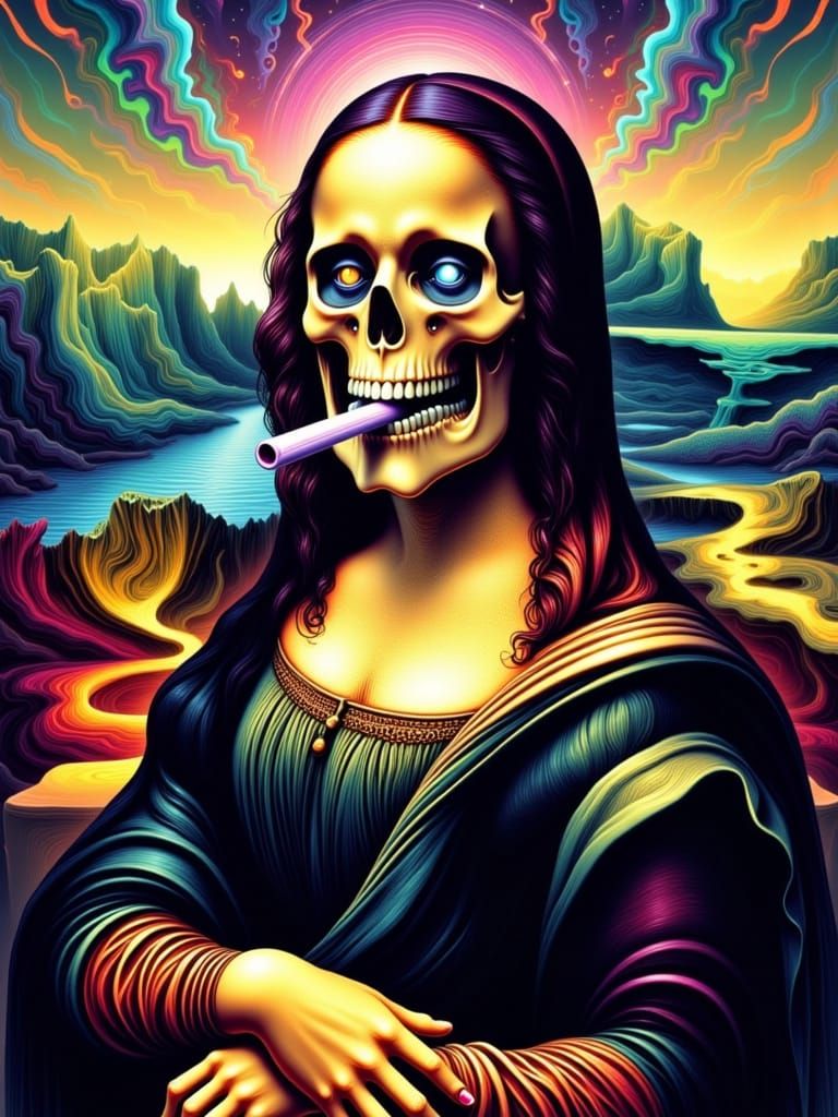 Surreal Skull Mona Lisa Smoking Joint with Psychedelic Backg...